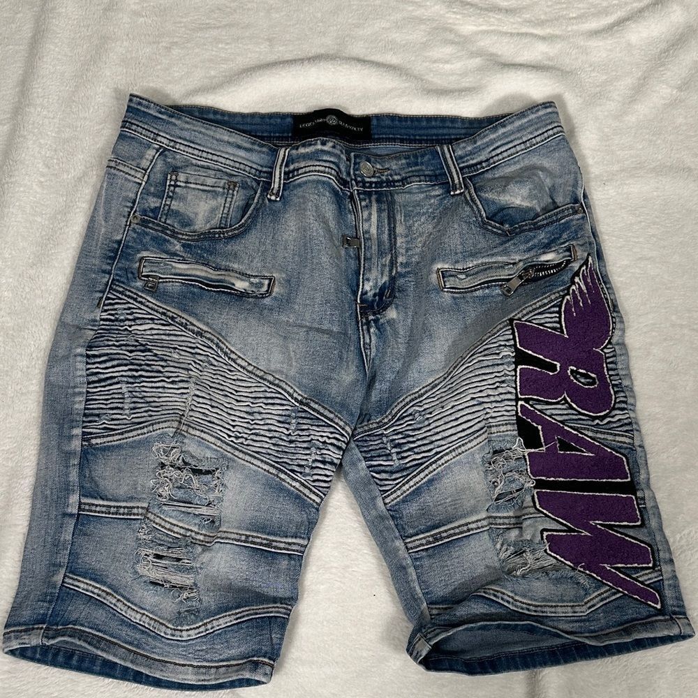 Legendary Rawyalty Men's Blue Denim Shorts with Purple Raw Accent Patch! Size 38